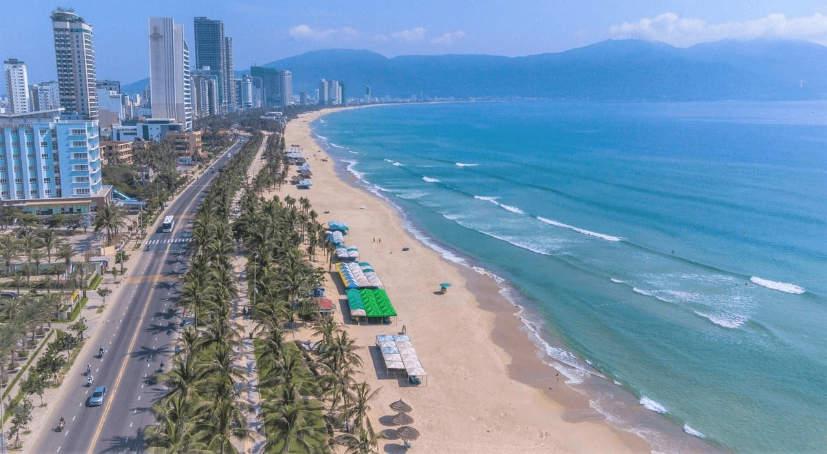 Da Nang My Khe Beach with wide sandy shoreline and city backdrop