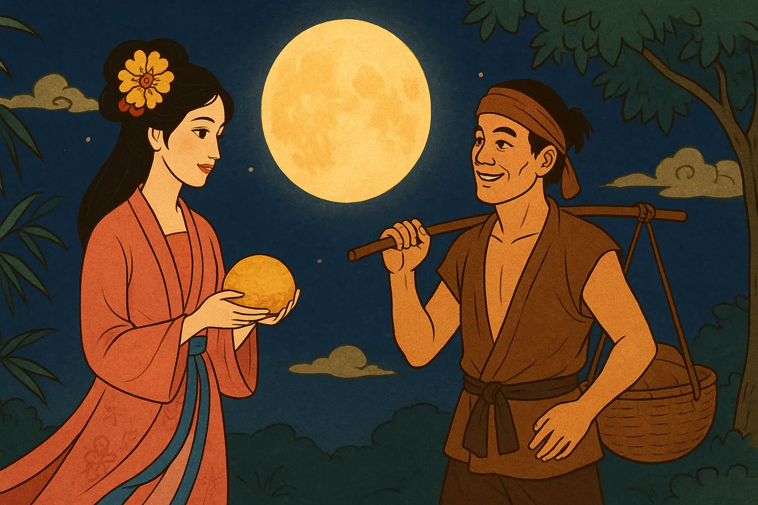 Vietnamese fairy tale of Ms. Hang and Uncle Cuoi during Mid-Autumn