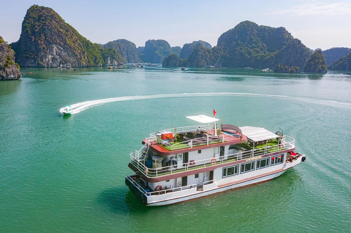 ferry arriving at Cat Ba Island harbor